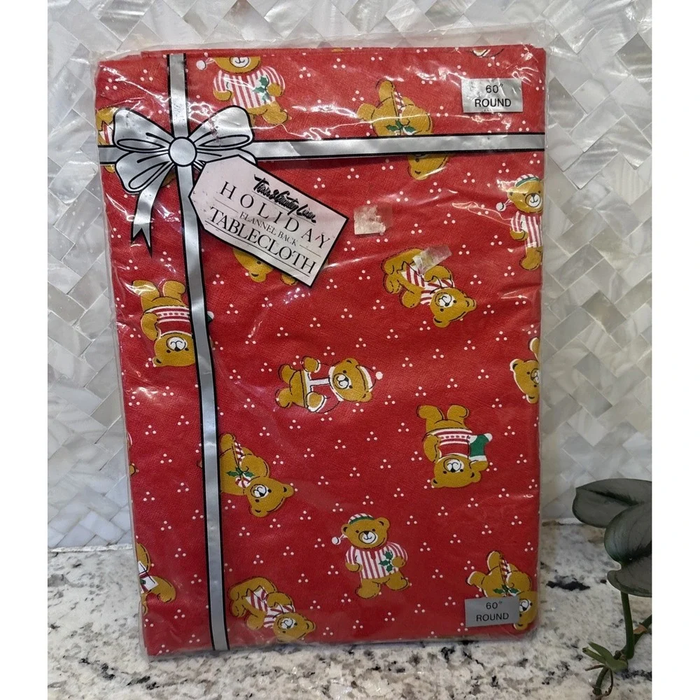 Vintage Town & Country Holiday Flannel Back Tablecloth Red Teddy Bears 60